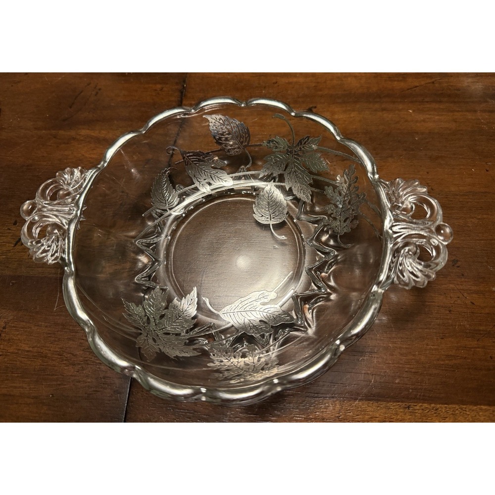 VTG Silver City Glass Candy Dish Silver Leaves Inlay Ornate Handles 8"